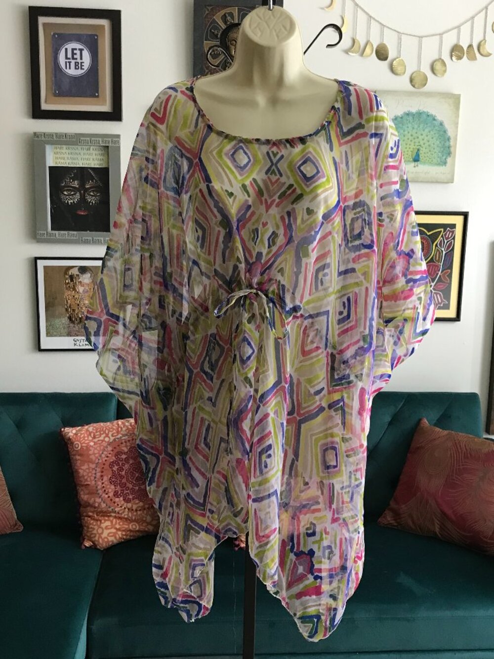 JOAN VASS Colorful Geometric Print Sheer Caftan Cover-Up Resort Beach One Size